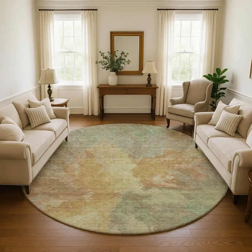 8' Artichoke Green Gold And Copper Abstract Washable Round Rug With UV Protection Photo 4
