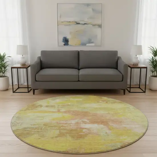 8' Artichoke Green Gold And Copper Abstract Washable Round Rug With UV Protection Photo 2