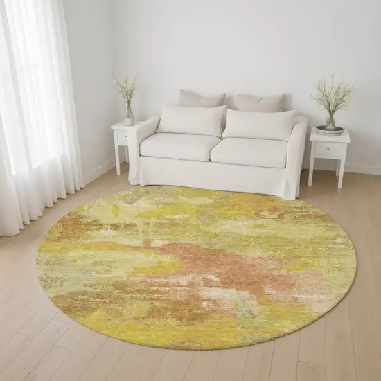 8' Artichoke Green Gold And Copper Abstract Washable Round Rug With UV Protection Photo 4