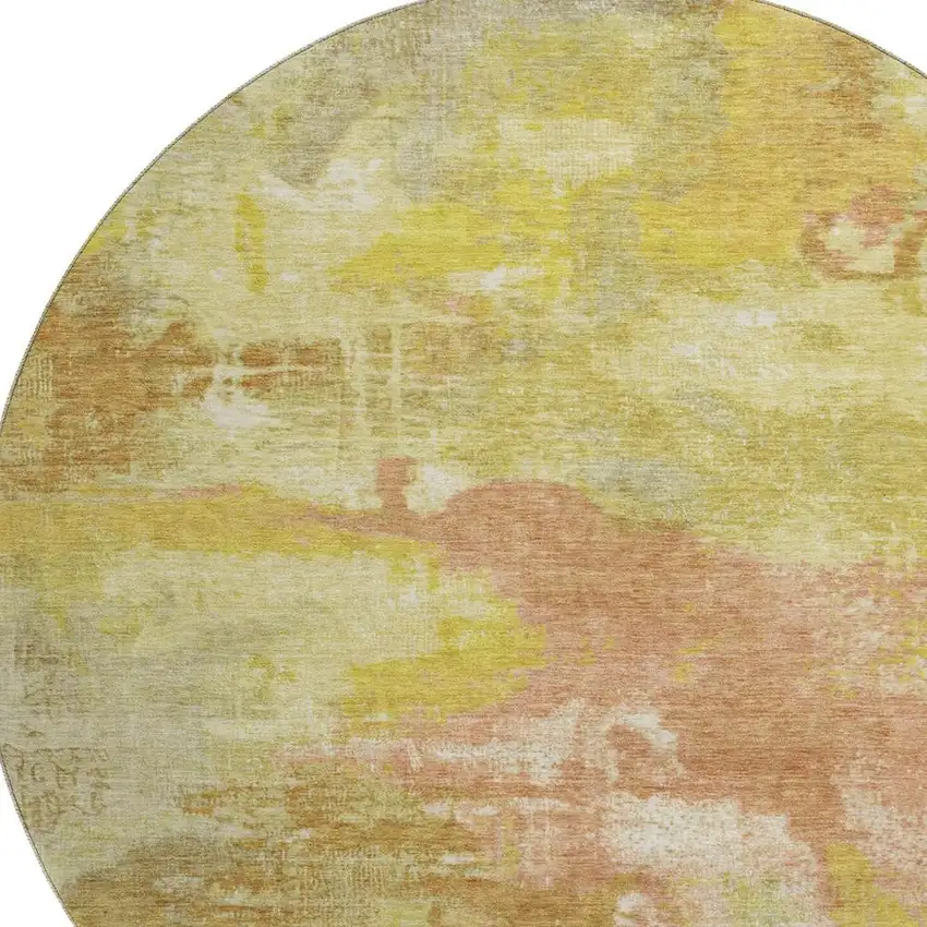 8' Artichoke Green Gold And Copper Abstract Washable Round Rug With UV Protection Photo 2