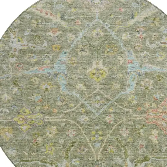 8' Artichoke Green Gold And Copper Round Floral Washable Indoor Outdoor Area Rug Photo 6