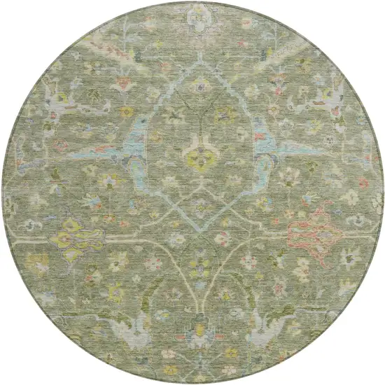 8' Artichoke Green Gold And Copper Round Floral Washable Indoor Outdoor Area Rug Photo 2