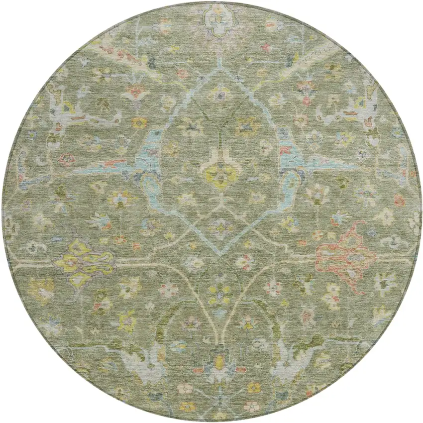 8' Artichoke Green Gold And Copper Round Floral Washable Indoor Outdoor Area Rug Photo 2