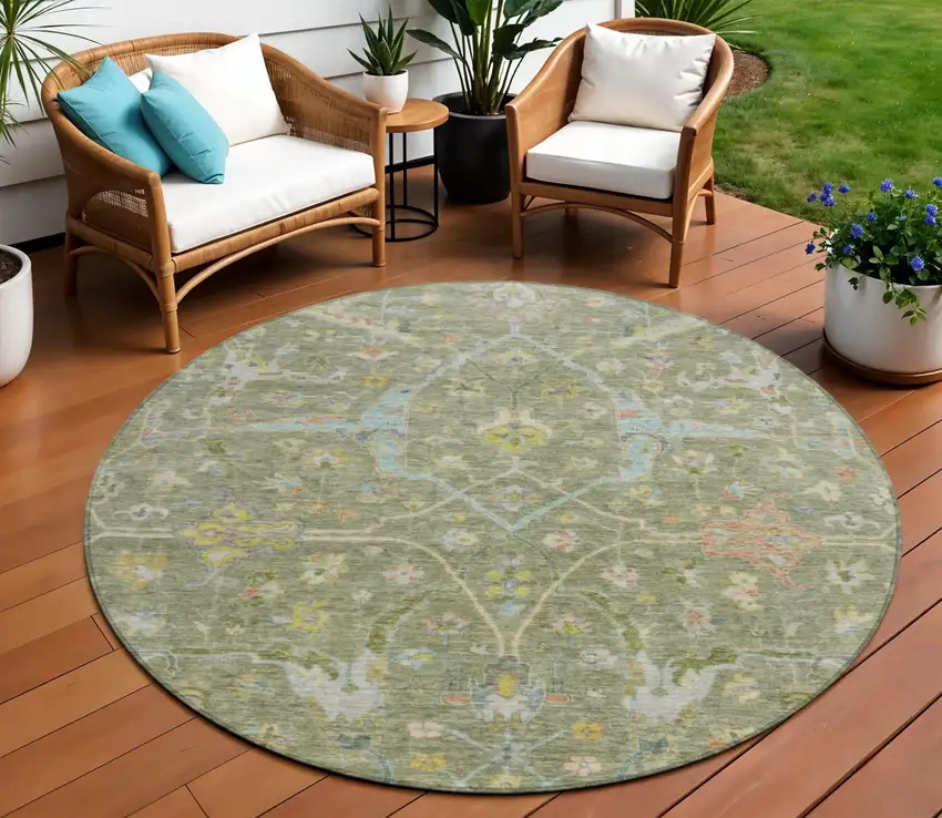 8' Artichoke Green Gold And Copper Round Floral Washable Indoor Outdoor Area Rug Photo 1