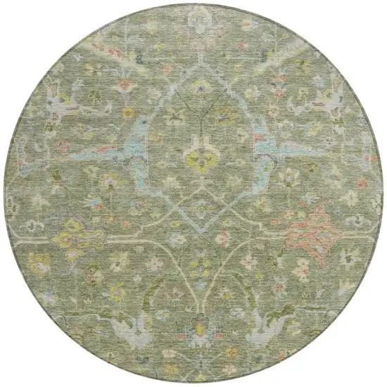 8' Artichoke Green Gold And Copper Round Floral Washable Indoor Outdoor Area Rug Photo 4