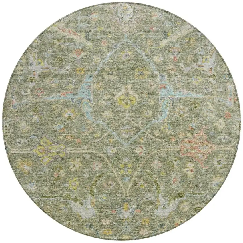 8' Artichoke Green Gold And Copper Round Floral Washable Indoor Outdoor Area Rug Photo 4