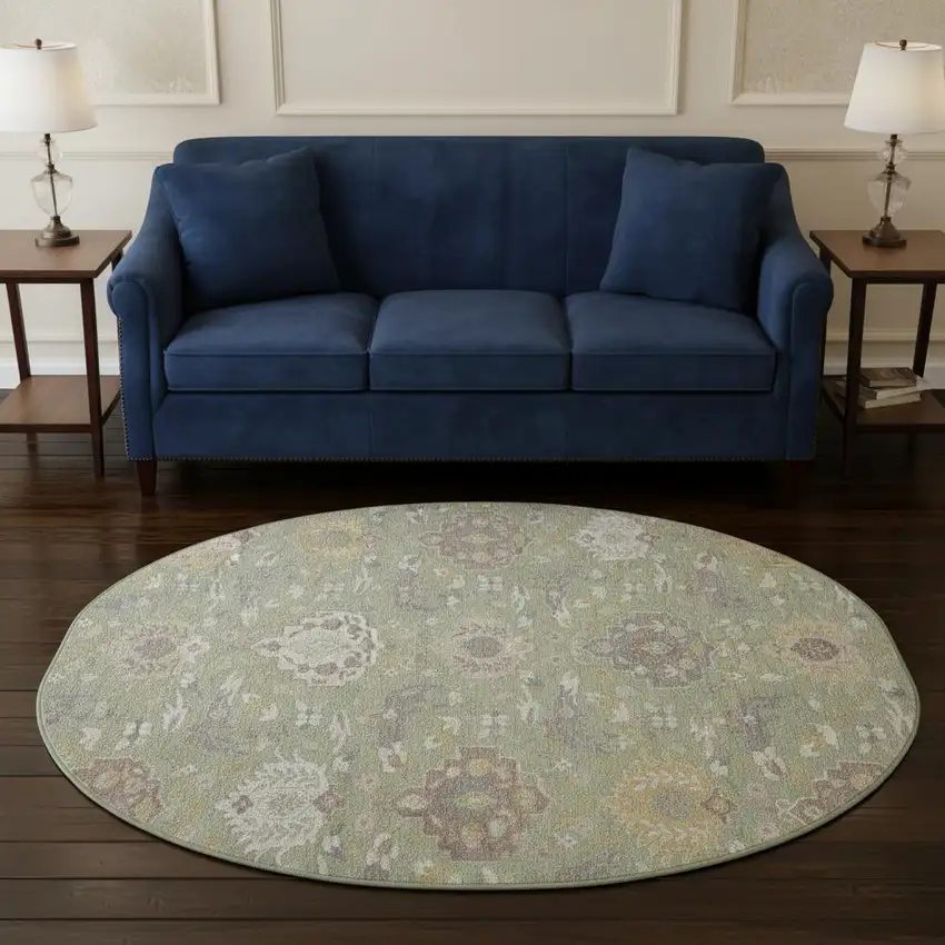 8' Artichoke Green Gold And Gray Damask Washable Round Rug With UV Protection Photo 2