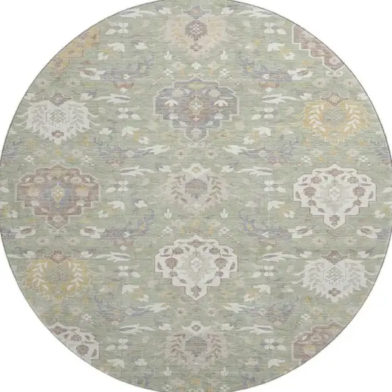 8' Artichoke Green Gold And Gray Damask Washable Round Rug With UV Protection Photo 2