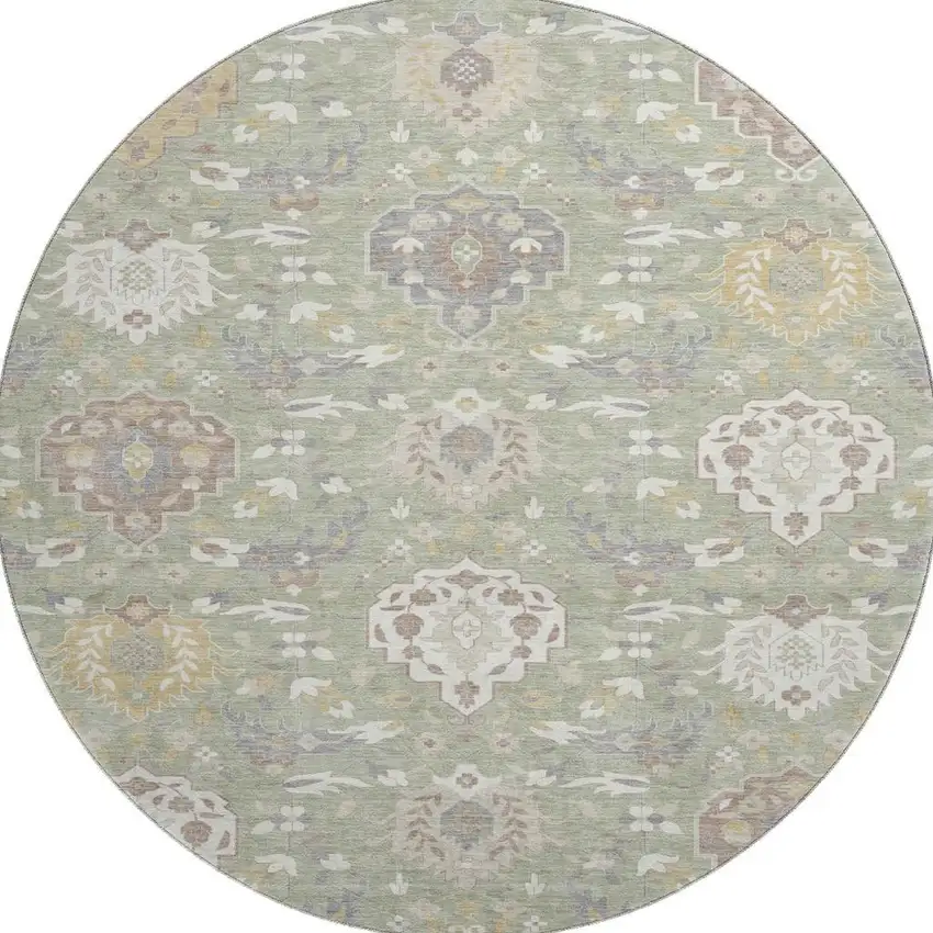 8' Artichoke Green Gold And Gray Damask Washable Round Rug With UV Protection Photo 2