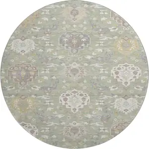 Photo of 8' Artichoke Green Gold And Gray Damask Washable Round Rug With UV Protection