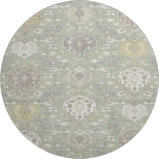 8' Artichoke Green Gold And Gray Damask Washable Round Rug With UV Protection Photo 1