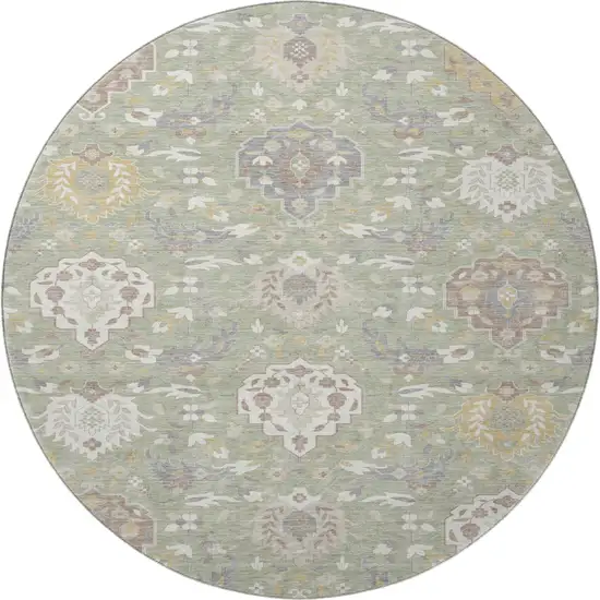 8' Artichoke Green Gold And Gray Damask Washable Round Rug With UV Protection Photo 3