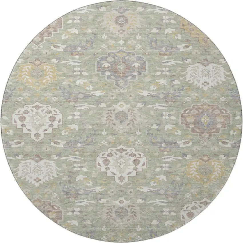 8' Artichoke Green Gold And Gray Damask Washable Round Rug With UV Protection Photo 3