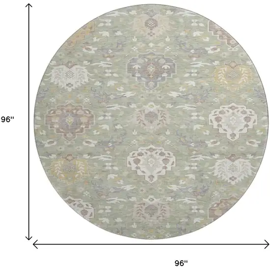 8' Artichoke Green Gold And Gray Damask Washable Round Rug With UV Protection Photo 9