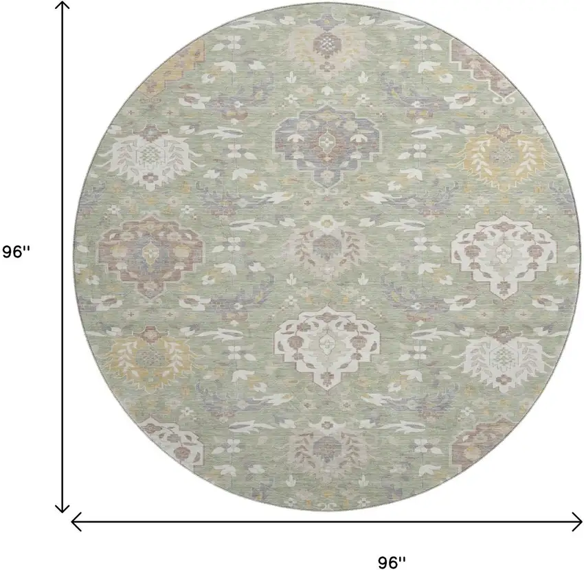 8' Artichoke Green Gold And Gray Damask Washable Round Rug With UV Protection Photo 9