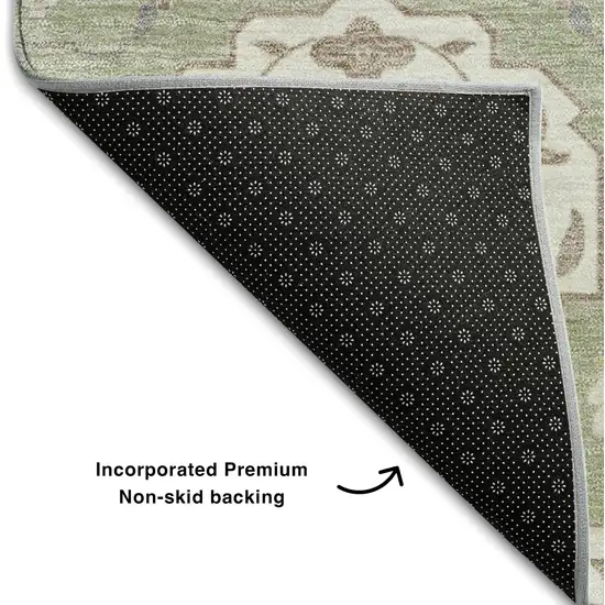 8' Artichoke Green Gold And Gray Damask Washable Round Rug With UV Protection Photo 5