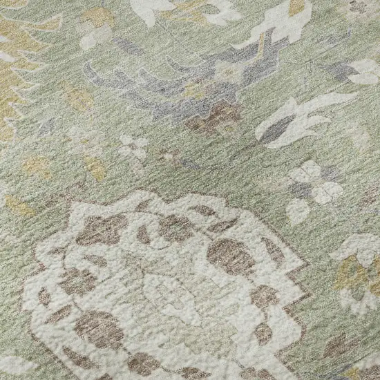 8' Artichoke Green Gold And Gray Damask Washable Round Rug With UV Protection Photo 8