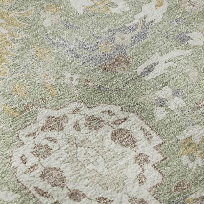 8' Artichoke Green Gold And Gray Damask Washable Round Rug With UV Protection Photo 8