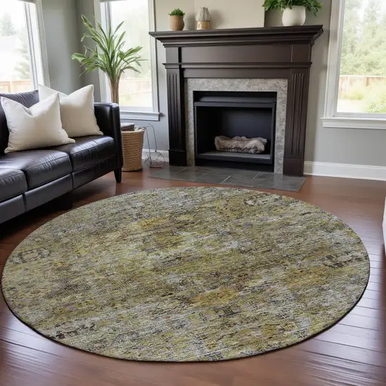 8' Artichoke Green Gold And Gray Floral Medallion Washable Round Rug With UV Protection Photo 4