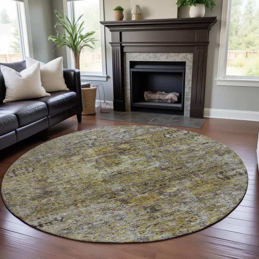 8' Artichoke Green Gold And Gray Floral Medallion Washable Round Rug With UV Protection Photo 4