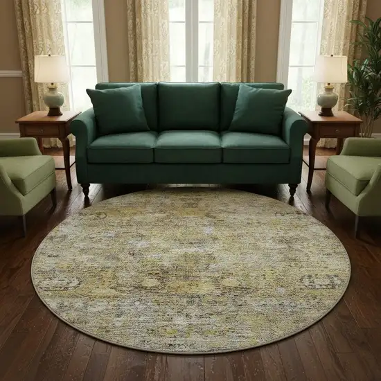 8' Artichoke Green Gold And Gray Floral Medallion Washable Round Rug With UV Protection Photo 2