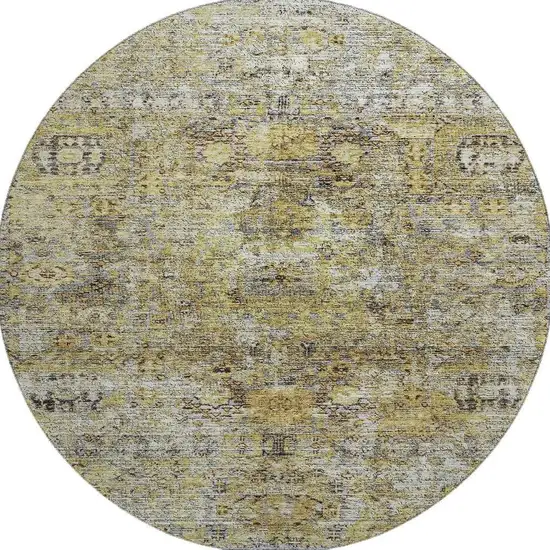 8' Artichoke Green Gold And Gray Floral Medallion Washable Round Rug With UV Protection Photo 3
