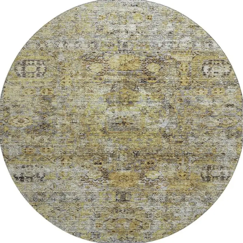 8' Artichoke Green Gold And Gray Floral Medallion Washable Round Rug With UV Protection Photo 3