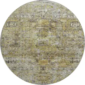 Photo of 8' Artichoke Green Gold And Gray Floral Medallion Washable Round Rug With UV Protection