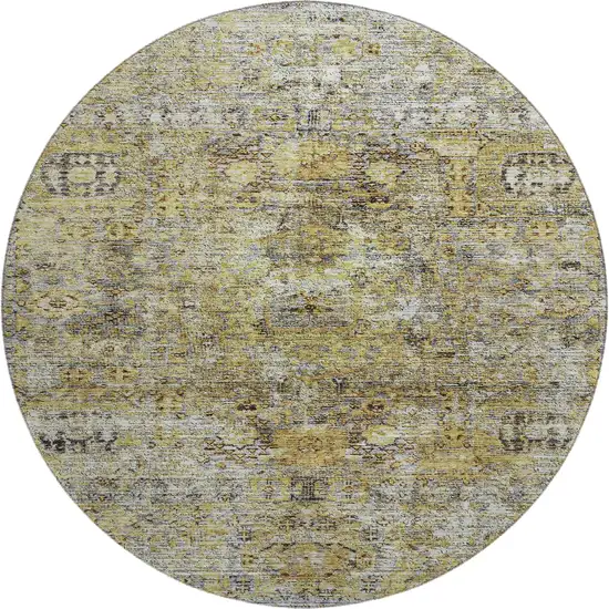 8' Artichoke Green Gold And Gray Floral Medallion Washable Round Rug With UV Protection Photo 1