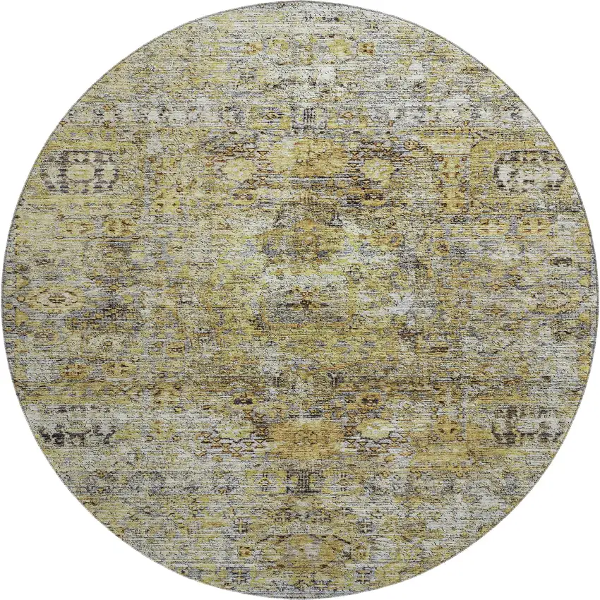 8' Artichoke Green Gold And Gray Floral Medallion Washable Round Rug With UV Protection Photo 1