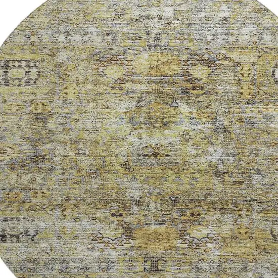 8' Artichoke Green Gold And Gray Floral Medallion Washable Round Rug With UV Protection Photo 2