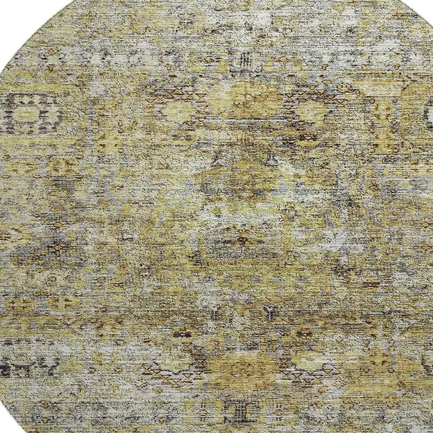 8' Artichoke Green Gold And Gray Floral Medallion Washable Round Rug With UV Protection Photo 2