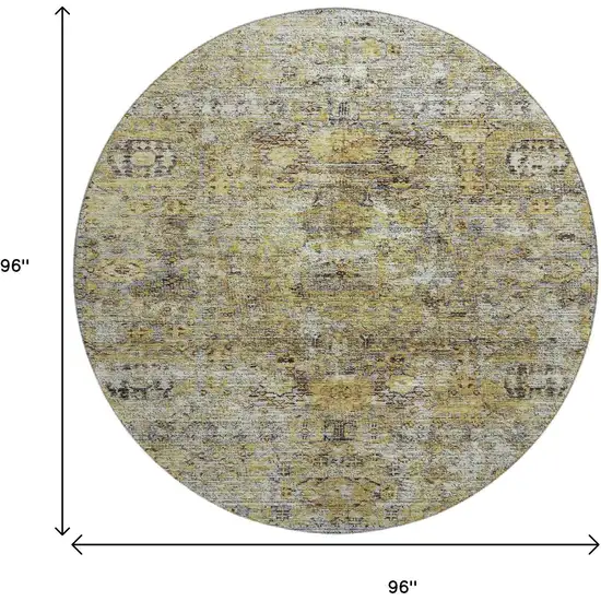 8' Artichoke Green Gold And Gray Floral Medallion Washable Round Rug With UV Protection Photo 9