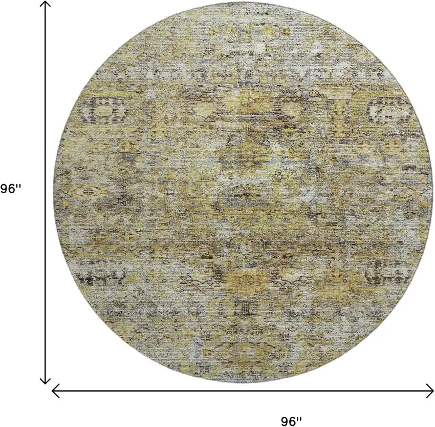 8' Artichoke Green Gold And Gray Floral Medallion Washable Round Rug With UV Protection Photo 9
