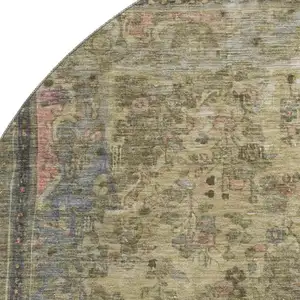 Photo of 8' Artichoke Green Gold And Gray Floral Medallion Washable Round Rug With UV Protection