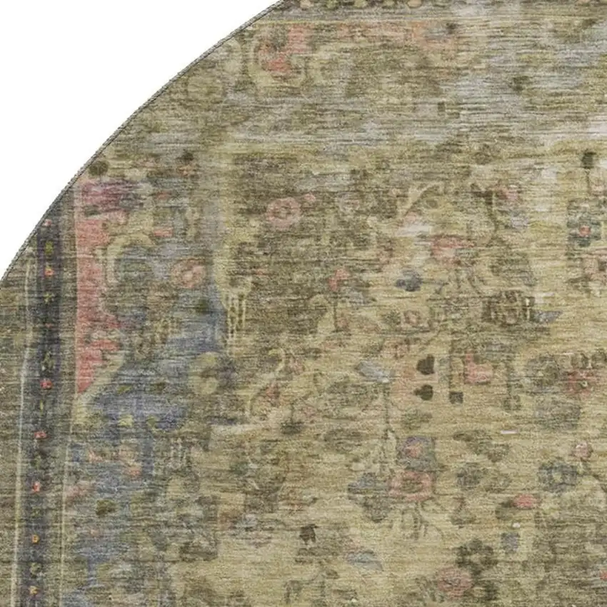 8' Artichoke Green Gold And Gray Floral Medallion Washable Round Rug With UV Protection Photo 2