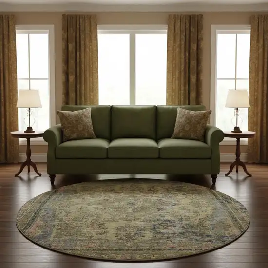 8' Artichoke Green Gold And Gray Floral Medallion Washable Round Rug With UV Protection Photo 2