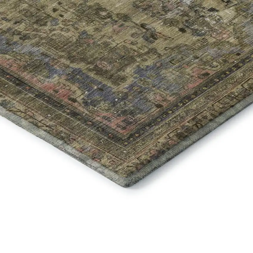 8' Artichoke Green Gold And Gray Floral Medallion Washable Round Rug With UV Protection Photo 6