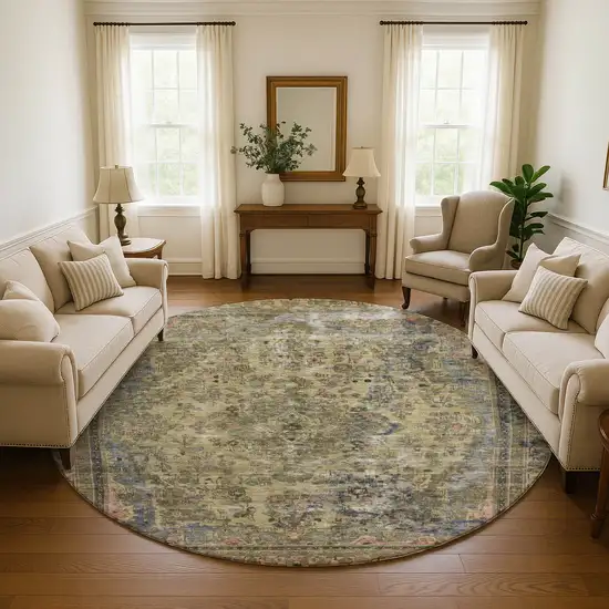 8' Artichoke Green Gold And Gray Floral Medallion Washable Round Rug With UV Protection Photo 4