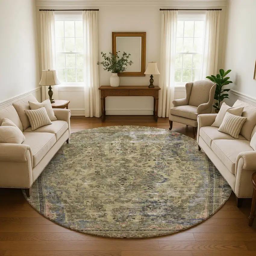 8' Artichoke Green Gold And Gray Floral Medallion Washable Round Rug With UV Protection Photo 4