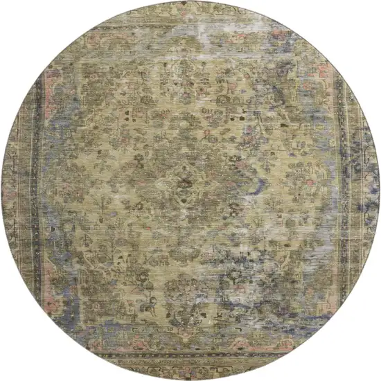 8' Artichoke Green Gold And Gray Floral Medallion Washable Round Rug With UV Protection Photo 1