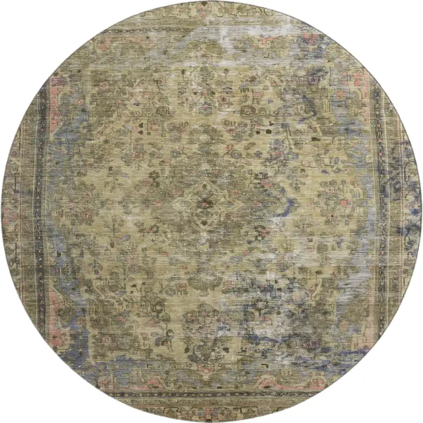 8' Artichoke Green Gold And Gray Floral Medallion Washable Round Rug With UV Protection Photo 1
