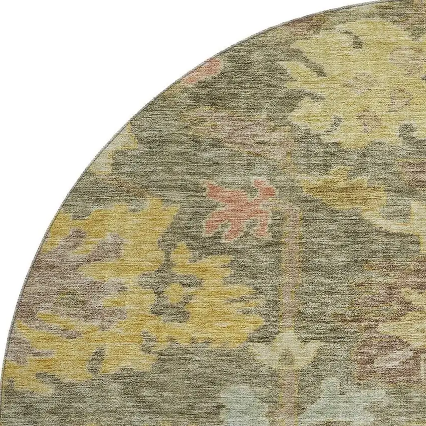 8' Artichoke Green Gold And Gray Floral Washable Round Rug With UV Protection Photo 2