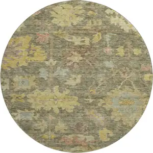 Photo of 8' Artichoke Green Gold And Gray Floral Washable Round Rug With UV Protection