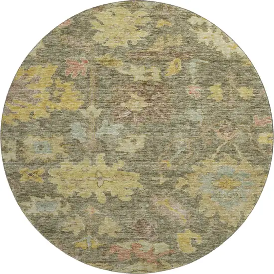 8' Artichoke Green Gold And Gray Floral Washable Round Rug With UV Protection Photo 1