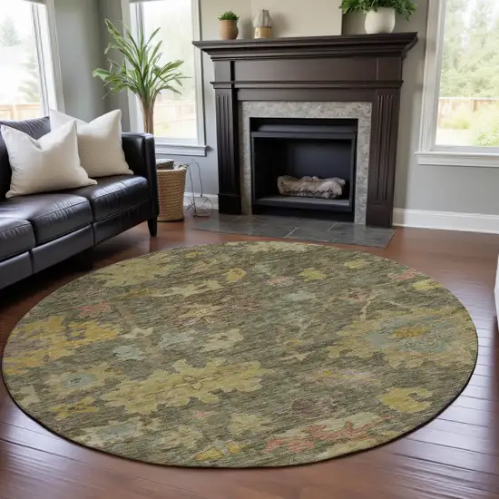 8' Artichoke Green Gold And Gray Floral Washable Round Rug With UV Protection Photo 4