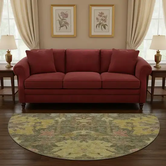 8' Artichoke Green Gold And Gray Floral Washable Round Rug With UV Protection Photo 2