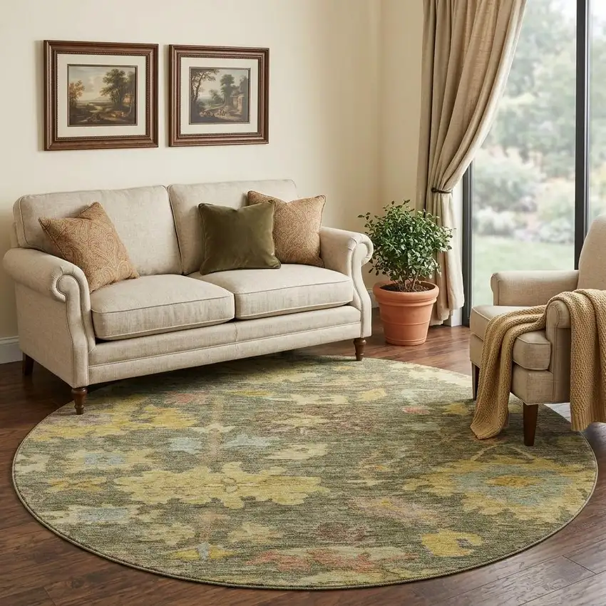 8' Artichoke Green Gold And Gray Floral Washable Round Rug With UV Protection Photo 1