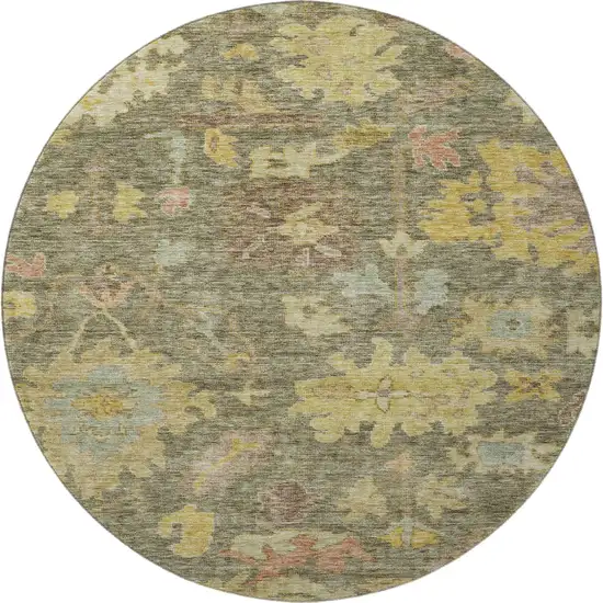 8' Artichoke Green Gold And Gray Floral Washable Round Rug With UV Protection Photo 3