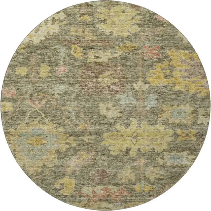 8' Artichoke Green Gold And Gray Floral Washable Round Rug With UV Protection Photo 3